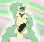  anthro balls big_balls big_penis black_penis erection flufflecraft fur genitals green_body green_fur green_hair hair hi_res humanoid_genitalia humanoid_penis lagomorph leporid male mammal muscular muscular_anthro muscular_male nipples nude pecs penis rabbit solo vacoda 