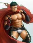  1boy abs bara bare_pectorals black_hair boxers bulge cape chest_harness clenched_hands clothing_cutout crotchless crotchless_pants dark-skinned_male dark_skin facial_hair feet_out_of_frame fighting_stance goatee harness highres large_pectorals looking_at_viewer male_focus male_underwear mature_male muscular muscular_male navel navel_hair nipples original pants pectorals red_cape short_hair sideburns smile solo stomach taka_(takahiro_si) thick_thighs thigh_cutout thighs undercut underwear white_male_underwear wrestling_outfit 