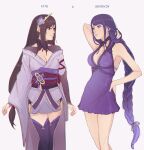  2girls black_hair braid braided_ponytail breasts brown_eyes cleavage cosplay costume_switch dress final_fantasy final_fantasy_vii final_fantasy_vii_remake genshin_impact hair_ornament long_hair looking_at_another multiple_girls perlmuttt purple_dress purple_hair raiden_shogun short_dress sleeveless sleeveless_dress thighhighs tifa_lockhart tifa_lockhart&#039;s_refined_dress very_long_hair 