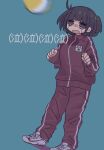  1girl @_@ absurdres black_hair blue_background eyebrows_visible_through_hair highres jacket long_sleeves looking_away open_mouth original pants purple_eyes red_jacket red_pants red_track_suit resupuburika shoes short_hair simple_background sneakers solo track_suit white_footwear 