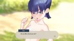 1girl bangs bare_arms blue_eyes blue_hair blunt_bangs blurry blurry_background blush breasts character_name chest_sarashi cleavage coin_(pokemon) collarbone commentary_request day dialogue_box english_text eyeshadow facepaint gazing_eye grass hand_up highres looking_at_viewer makeup outdoors pokemon pokemon_(game) pokemon_legends:_arceus prostitution sarashi short_hair solo upper_body 