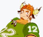  1boy american_football_uniform animal_ears bara brown_eyes cow_boy cow_ears cow_horns ebimayo_(tempuralobster) facial_hair feather_necklace fiery_horns forked_eyebrows glowing_horns goatee green_shirt horns long_sideburns male_focus muscular muscular_male orange_hair pectorals shirt short_hair short_sleeves sideburns smile solo spiked_hair sportswear tight tight_shirt tokyo_afterschool_summoners upper_body wakan_tanka 