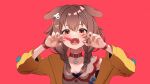  1girl animal_(vocaloid) animal_ears bangs bone_hair_ornament bow braid brown_eyes brown_hair claw_pose collar dog_ears dog_girl dog_hair_ornament eyebrows_visible_through_hair facepaint hair_between_eyes hair_bow hair_ornament highres hololive hoso-inu inugami_korone jacket long_hair long_sleeves looking_at_viewer nail_polish open_clothes open_jacket open_mouth red_collar shirt solo takumin_dx twin_braids upper_body virtual_youtuber white_shirt wristband yellow_jacket yellow_nails 