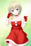  1girl alternative_girls bare_shoulders blonde_hair blue_eyes breasts choker cleavage dress eyebrows_visible_through_hair gloves green_background holding looking_at_viewer official_art open_mouth red_choker red_dress red_gloves short_hair smile solo standing sylvia_richter 