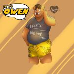  absurd_res anthro ayasakiace biped blush bottomwear brown_body brown_fur chubby_anthro chubby_male clothed clothing digital_media_(artwork) fur hi_res looking_at_viewer male mammal owen pose shirt shorts simple_background sketch slightly_chubby smile solo standing suid suina sus_(pig) topwear tusks wild_boar 