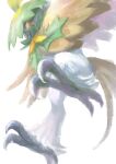  animal_focus beak bird bright_pupils closed_mouth commentary_request decidueye from_below nanami_lusia no_humans pokemon pokemon_(creature) red_eyes solo talons white_pupils 