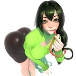 1girl absurdres alternate_costume ass asui_tsuyu bent_over black_skirt boku_no_hero_academia breasts cleavage frog_girl green_eyes green_hair green_nails green_shirt highres large_breasts lips looking_at_viewer popogori see-through_skirt shadow shirt simple_background skirt solo thighs tied_hair tongue tongue_out white_background 