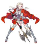  1girl alternate_costume alternate_hairstyle armor axe breastplate cape edelgard_von_hresvelg fire_emblem fire_emblem:_three_houses fire_emblem_warriors:_three_hopes full_body gloves hair_ornament highres holding holding_axe holding_weapon kurahana_chinatsu long_hair looking_at_viewer official_alternate_costume official_alternate_hairstyle official_art purple_eyes red_cape simple_background third-party_source weapon white_hair 