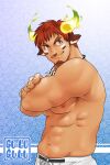  1boy abs animal_ears bara brown_eyes brown_hair cow_boy cow_ears cow_horns cowboy_shot crossed_arms dark-skinned_male dark_skin eye_black facial_hair fiery_horns forked_eyebrows glowing_horns goatee guru-guru_(supopo_pon) highres horns long_sideburns looking_at_viewer male_focus muscular muscular_male navel nipples short_hair sideburns smile solo spiked_hair stomach thick_eyebrows tokyo_afterschool_summoners topless_male underpec wakan_tanka 