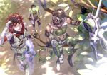  1girl 2boys apex_legends arm_tattoo black_eyes black_gloves black_hair black_headwear black_pants blue_eyes boots cable cropped_vest crypto_(apex_legends) drone floating gloves goggles goggles_on_head green_vest hack_(apex_legends) hair_behind_ear hand_on_own_head highres holographic_interface horizon_(apex_legends) in_tree kawaniwa mask mouth_mask multiple_boys navel octane_(apex_legends) open_hand orange_hair pants sitting spacesuit tattoo tree vest white_footwear 