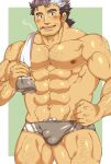  1boy abs arm_hair bara blush briefs brown_hair bulge chest_hair cigarette cowboy_shot facial_hair grey_male_underwear hairy highres kurazon_(climb_zombie) large_pectorals leg_hair long_sideburns looking_at_viewer male_focus male_underwear mature_male mononobe_kyoma multicolored_hair muscular muscular_male navel nipples pectorals short_hair sideburns smile solo stomach streaked_hair stubble thick_eyebrows thick_thighs thighs tokyo_afterschool_summoners topless_male underwear underwear_only white_hair 