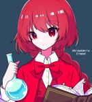  1girl :o blue_background book bookmark bow bowtie braid capelet collared_shirt commentary_request eyebrows_visible_through_hair eyelashes flask holding holding_book kumeri0804 long_hair long_sleeves okazaki_yumemi open_mouth red_bow red_bowtie red_capelet red_eyes red_hair red_vest round-bottom_flask shirt simple_background touhou touhou_(pc-98) upper_body vest white_shirt 