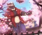  2022 anthro badger baw0sox belly black_body black_nose blush bottomwear cherry_blossom cherry_blossom_tree cherry_tree clothed clothing detailed_background fruit_tree hi_res humanoid_hands kemono male mammal mustelid musteline one_eye_closed open_clothing open_shirt open_topwear outside pants plant shirt solo topwear tree white_body wink 