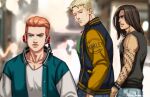  3boys alina_james blurry blurry_background character_request commentary couple distracted_boyfriend_(meme) english_commentary eren_yeager highres long_hair looking_at_another meme morning multiple_boys outdoors reiner_braun shingeki_no_kyojin yaoi 
