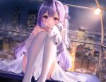  1girl azur_lane blurry bridal_gauntlets building cityscape commentary_request depth_of_field doll dress ferris_wheel_interior hair_bun hair_ribbon highres holding holding_doll legs_up long_hair looking_at_viewer neit_ni_sei night night_sky purple_eyes purple_hair ribbon side_ponytail sitting sky skyscraper solo strapless strapless_dress stuffed_animal stuffed_toy thighhighs unicorn unicorn_(azur_lane) 