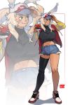  1girl air_jordan air_jordan_1 animal_ears baseball_cap black_shirt blue_eyes blue_shorts blush breasts dark-skinned_female dark_skin denim denim_shorts hand_on_headwear hat highres holding holding_poke_ball jacket large_breasts long_hair navel nike original poke_ball poke_ball_(basic) pokemon ponytail rabbit_ears rabbit_girl red_jacket shirt shoes shorts single_thighhigh smile sneakers snowcie solo standing thighhighs white_hair zoom_layer 