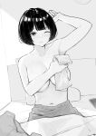  1girl absurdres arm_up armpits bangs bed black_hair blanket blush breasts cellphone closed_mouth covering covering_breasts greyscale highres holding holding_towel large_breasts monochrome navel one_eye_closed phone short_hair sitting solo stomach sweat takenoko_no_you topless towel 