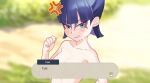  1girl anger_vein angry bangs blue_eyes blue_hair blunt_bangs blurry blurry_background blush character_name coin_(pokemon) collarbone commentary_request cum day dialogue_box eyeshadow facepaint facial gazing_eye grass hand_up highres looking_at_viewer makeup nude outdoors parted_lips pokemon pokemon_(game) pokemon_legends:_arceus short_hair solo upper_body 