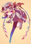  1girl absurdres ascot bat_wings blonde_hair bow crystal flandre_scarlet frills hat hat_ribbon highres hunched_over ikra_(ikrazusi) looking_at_viewer mob_cap multicolored_eyes outstretched_arms puffy_short_sleeves puffy_sleeves purple_eyes red_bow red_eyes red_ribbon red_skirt red_vest ribbon shadow shirt short_hair short_sleeves side_ponytail simple_background skirt smile solo touhou vest white_shirt wings yellow_ascot yellow_background 