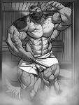  2019 5_fingers anthro big_muscles canid canine canis domestic_dog echin fingers german_shepherd greyscale hair herding_dog hi_res huge_muscles humanoid_hands jason_steiner male mammal monochrome muscular muscular_anthro muscular_male pastoral_dog sauna smile smirk solo standing towel towel_only veiny_muscles 