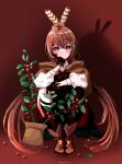 1girl absurdres bangs berry_(pokemon) blush boots brown_capelet brown_cloak brown_eyes brown_hair cape capelet cloak feather_hair_ornament feathers frown gloves hair_ornament hand_on_own_face highres hololive hololive_english long_hair looking_at_viewer nanashi_mumei partially_fingerless_gloves plant ponytail potted_plant rawsalmon red_skirt ribbon shadow shirt skirt solo thigh_strap thighhighs virtual_youtuber white_shirt 
