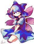  1girl bangs blue_bow blue_dress blue_eyes blue_hair bow cirno dress eyebrows_visible_through_hair fairy_wings hair_bow highres ice ice_wings ikra_(ikrazusi) large_bow long_dress looking_at_viewer neck_ribbon one_eye_closed pinafore_dress puffy_short_sleeves puffy_sleeves red_neckwear red_ribbon ribbon shirt short_sleeves skirt solo touhou white_shirt wings 