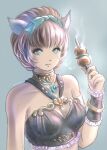  1girl :t animal_ears aqua_background aqua_bow artist_name avatar_(ff11) bangs bare_shoulders bow bracelet breasts brown_hair cat_ears cleavage closed_mouth eyelashes final_fantasy final_fantasy_xi food frills hair_bow hand_up holding jewelry kebab light_blue_eyes medium_breasts mithra_(ff11) piyoco short_hair skewer solo steam 