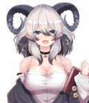 1girl animated blue_eyes book breasts crop_top demon_girl demon_horns horns khibiki large_breasts live2d mole mole_under_eye north_yuka official_art pale_skin pointy_ears project-sp revealing_clothes sheep_horns silver_hair virtual_youtuber 