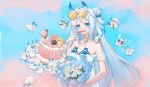  absurdres animal_on_shoulder antennae bangs blue_bow blue_hair bouquet bow cake chinese_commentary eyebrows_visible_through_hair eyewear_on_head flower food hair_bow heart heart-shaped_eyewear highres holding holding_bouquet long_hair nijisanji remi_(virtuareal) remi_de_pao_fu_xiao_bingxiang rose side_bun slug slug_girl smile sunglasses very_long_hair virtual_youtuber virtuareal white_flower white_rose 