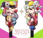  +_+ 2020 2girls akeome bangs black_hair callie_(splatoon) commentary cousins earrings eyebrows_visible_through_hair fangs flute food food_on_head grey_hair grin hagoita hair_ornament happy_new_year highres holding holding_paddle instrument japanese_clothes jewelry kimono long_hair looking_at_another marie_(splatoon) mole mole_under_eye multiple_girls new_year object_on_head open_mouth paddle pointy_ears print_kimono pudding romaji_text short_hair smile splatoon_(series) swept_bangs tentacle_hair tied_hair twitter_username usa_(dai9c_carnival) yellow_eyes 