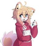  1girl anakoluth animal_ears blonde_hair blue_eyes blush dog_ears dog_girl dog_tail eyebrows_visible_through_hair fang furry furry_female glasses highres hood hoodie long_sleeves looking_at_viewer open_mouth original red_hoodie round_eyewear short_hair smile solo tail upper_body 