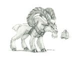  2022 baron_engel bell bovid caprine cloven_hooves fangs feral friendship_is_magic fur goat graphite_(artwork) greyscale grogar_(mlp) hooves horn magic male mammal monochrome my_little_pony pencil_(artwork) solo traditional_media_(artwork) 