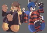  2021 4_toes 5_fingers anthro black_collar black_ears black_nose blue_body blue_fur blue_hair blush brown_body brown_eyes brown_fur brown_hair bulge canid canine claws clothing collar duo feet fennec fingers foot_focus fox fur green_eyes hair hand_holding hi_res kray_(krayboost) krayboost lagomorph legwear leporid looking_at_viewer lying male mammal multicolored_clothing multicolored_legwear multicolored_stockings on_back pawpads paws rabbit red_collar seth_emerald simple_background stockings thigh_highs toes two_tone_clothing two_tone_legwear two_tone_stockings underwear 