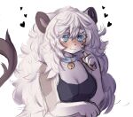  1girl @_@ anakoluth animal_ears bell blue_eyes blush breasts cleavage closed_mouth eyebrows_visible_through_hair furry furry_female heart highres large_breasts lion_ears lion_girl lion_tail long_hair looking_away messy_hair neck_bell original solo tail upper_body white_hair 