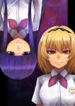  2girls bangs black_headband blonde_hair blunt_bangs closed_mouth collared_shirt commentary expressionless eyebrows_behind_hair eyebrows_visible_through_hair furude_rika hair_between_eyes hair_over_shoulder headband higurashi_no_naku_koro_ni houjou_satoko long_hair looking_at_viewer medium_hair multiple_girls natrium_picture pointy_nose purple_eyes purple_hair red_eyes shirt short_sleeves sidelocks simple_background smile upper_body upside-down v-shaped_eyebrows white_shirt 