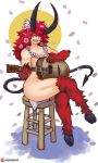  absurd_res breasts convenient_censorship crossed_legs demon demon_humanoid ezzyecchi female fur guitar hair hi_res humanoid musical_instrument open_mouth open_smile plucked_string_instrument red_body red_fur red_hair smile solo spade_tail string_instrument 
