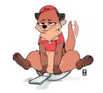  2022 abdominal_bulge animal_genitalia backwards_hat bodily_fluids brown_body brown_fur chester_the_otter clothing dildo dildo_sitting feet fully_sheathed fur genital_fluids genitals goonie-san hat headgear headwear hi_res looking_pleasured lutrine male mammal mustelid neck_tuft penetration polo_shirt precum sex_toy sheath shirt signature simple_background solo spread_legs spreading tail_motion tongue tongue_out topwear tuft white_background 