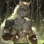  anthro armwear band-aid bandage canid canine canis claws clothing fur hi_res legwear looking_at_viewer male mammal muscular muscular_male navel nipples pecs plant shirtless solo tattoo tree waist_up white_body white_fur wolf yi_feng 