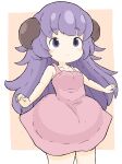  1girl absurdres bangs bare_arms bare_shoulders blush breasts brown_background cleavage closed_mouth commentary_request dress eyebrows_visible_through_hair hanyuu highres higurashi_no_naku_koro_ni horns long_hair medium_breasts pink_dress purple_eyes purple_hair rururu_(pyrk8855) sleeveless sleeveless_dress smile solo standing thick_eyebrows two-tone_background very_long_hair white_background 