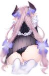  1921494015 1girl absurdres apron ass black_panties braid crown_braid draph frilled_panties frills from_behind granblue_fantasy highres horn_ornament horn_ribbon horns lace lace_panties long_hair low-tied_long_hair low_twintails narmaya_(granblue_fantasy) no_shoes panties pink_hair pointy_ears ribbon seiza simple_background sitting soles solo sweater twintails underwear very_long_hair white_background white_legwear 