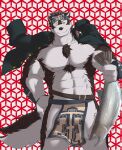  2022 abs absurd_res anthro bandanna belt biped black_nose bottomwear brown_body brown_fur bulge canid canine canis chest_tuft clothing elbow_tuft eyebrows fingerless_gloves fish fist fluffy fluffy_tail front_view fur geometric_background gloves hand_on_hip handwear head_tuft hi_res holding_fish horkeukamui jacket jacket_on_shoulders kerchief lifewonders loincloth male mammal marine multicolored_body multicolored_fur muscular muscular_anthro muscular_male nipples pecs pink_nipples portrait rotton salmon salmonid_(fish) simple_background smile solo standing three-quarter_portrait tokyo_afterschool_summoners topwear tuft two_tone_body two_tone_fur video_games white_body white_fur wolf yellow_eyes 