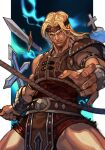  1boy armor belt blonde_hair castlevania closed_mouth cross fingernails foreshortening headband holding holy_water hungry_clicker knife long_hair male_focus manly muscular pillarboxed shoulder_armor simon_belmont simple_background solo weapon whip 