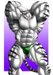  2013 anthro barazoku big_muscles black_body black_fur bulge clothed clothing echin eyes_closed felid fur hands_behind_head hi_res huge_muscles male mammal muscular muscular_anthro muscular_male pantherine pink_nose pose simple_background snarling solo standing striped_body striped_fur stripes thong tiger topless underwear underwear_only whiskers white_body white_fur 