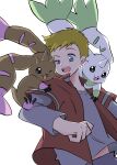  anthro bandai_namco blonde_hair blue_eyes brown_body brown_fur chiyu1995 digimon digimon_(species) dot_eyes fur group hair hi_res horn human long_ears lopmon male mammal terriermon trio white_body white_fur willis_(digimon) young 