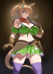  1girl animal_ears bangs bare_shoulders belt blue_eyes breasts brown_belt brown_gloves brown_hair brown_headwear character_request cleavage copyright_request crop_top curvy eyebrows_visible_through_hair gen_(black_factory) gloves green_skirt gun hair_ornament handgun high_ponytail highres holding holding_gun holding_weapon holster large_breasts navel one_eye_closed open_mouth pistol purple_legwear shirt skirt star_(symbol) star_hair_ornament thighhighs tied_shirt tied_top weapon 