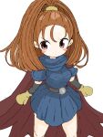  1girl absurdres barbara_(dq6) black_sleeves blue_dress blush_stickers breasts brown_cape brown_eyes brown_hair brown_mittens cape closed_mouth commentary detached_sleeves dragon_quest dragon_quest_vi dress eyebrows_visible_through_hair high_ponytail highres long_hair long_sleeves medium_breasts mittens ponytail rururu_(pyrk8855) short_sleeves simple_background solo v-shaped_eyebrows white_background 