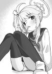  1girl ahoge bendy_straw blue_archive blush drinking drinking_straw drinking_straw_in_mouth eyebrows_visible_through_hair foot_out_of_frame greyscale hair_flaps hair_ornament halo head_tilt highres long_sleeves looking_at_viewer milk_carton miyamae_(miyazen9311) monochrome natsu_(blue_archive) neckerchief on_floor panties pantyshot sailor_collar school_uniform shoes side_ponytail sidelocks simple_background skirt sneakers solo thighhighs underwear 