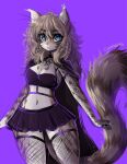  1girl anakoluth animal_ears black_skirt blue_eyes breasts brown_hair cat_ears cat_girl cat_tail cleavage elbow_gloves eyebrows_visible_through_hair fishnet_gloves fishnet_legwear fishnets furry furry_female gloves highres long_hair looking_at_viewer medium_breasts navel original pleated_skirt purple_background simple_background skirt solo tail thighhighs whiskers 