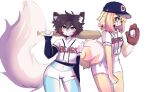  1boy 1girl anakoluth animal_ears ball baseball baseball_cap baseball_mitt baseball_uniform blonde_hair blue_eyes blush brown_eyes brown_hair closed_mouth crop_top dog_ears dog_girl dog_tail doosan_bears eyebrows_visible_through_hair fox_ears fox_girl fox_tail furry furry_female furry_male glasses hat highres holding holding_ball kbo_league looking_at_viewer navel original otoko_no_ko parted_lips round_eyewear short_hair short_shorts shorts smile sportswear tail teeth white_shorts 