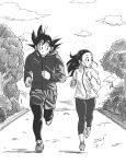  1boy 1girl arms_at_sides bangs black_eyes black_hair black_legwear bush chi-chi_(dragon_ball) chi_(cmon_57) clenched_hands closed_mouth cloud cloudy_sky collared_jacket dragon_ball drawstring expressionless eyelashes floating_hair greyscale hair_between_eyes hair_slicked_back hair_strand happy height_difference high_collar highres hood hood_down hoodie jacket jogging leggings looking_afar looking_at_another monochrome mountainous_horizon open_mouth outdoors path ponytail shadow shoes shorts side-by-side sideways_glance sky sneakers son_goku spiked_hair tree 